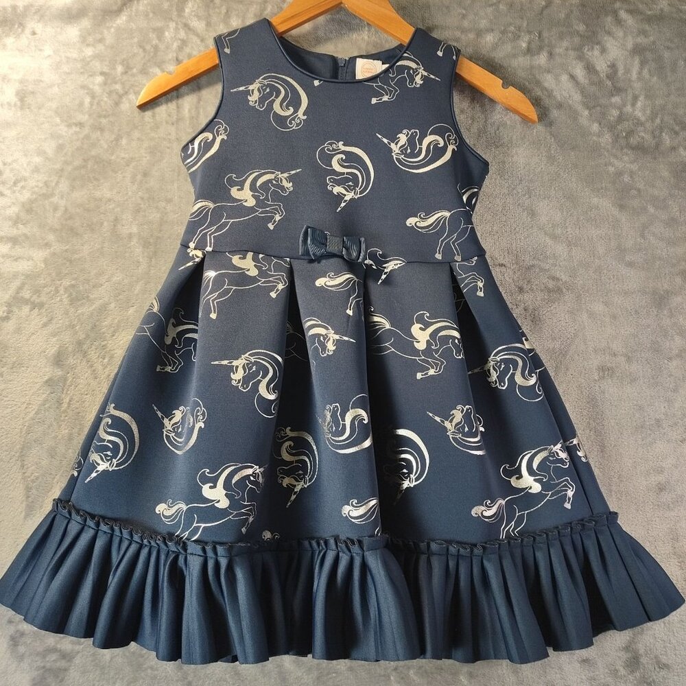 Wonder Nation Girls Dress‎ 7 Navy Unicorn Print Bow Ruffle Hem Party Playful